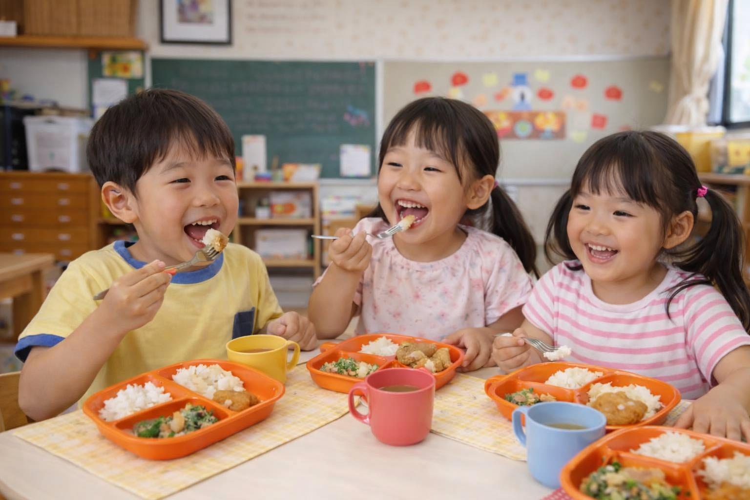 給食を笑顔で楽しむ子どもたち