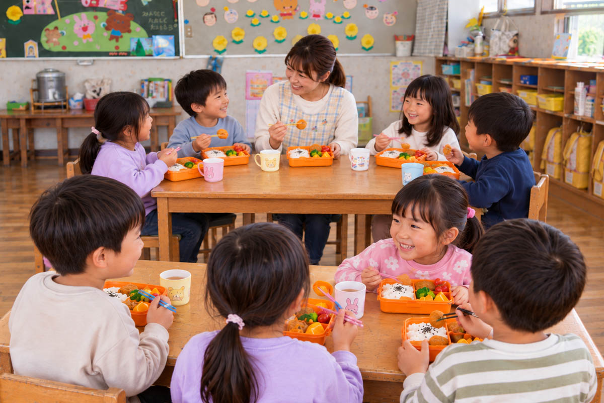 給食を笑顔で楽しむ子どもたち